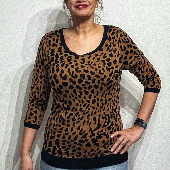 Talbots Animal Print Black Tan Leopard Pullover Sweater Sz L - Picture 1 of 10